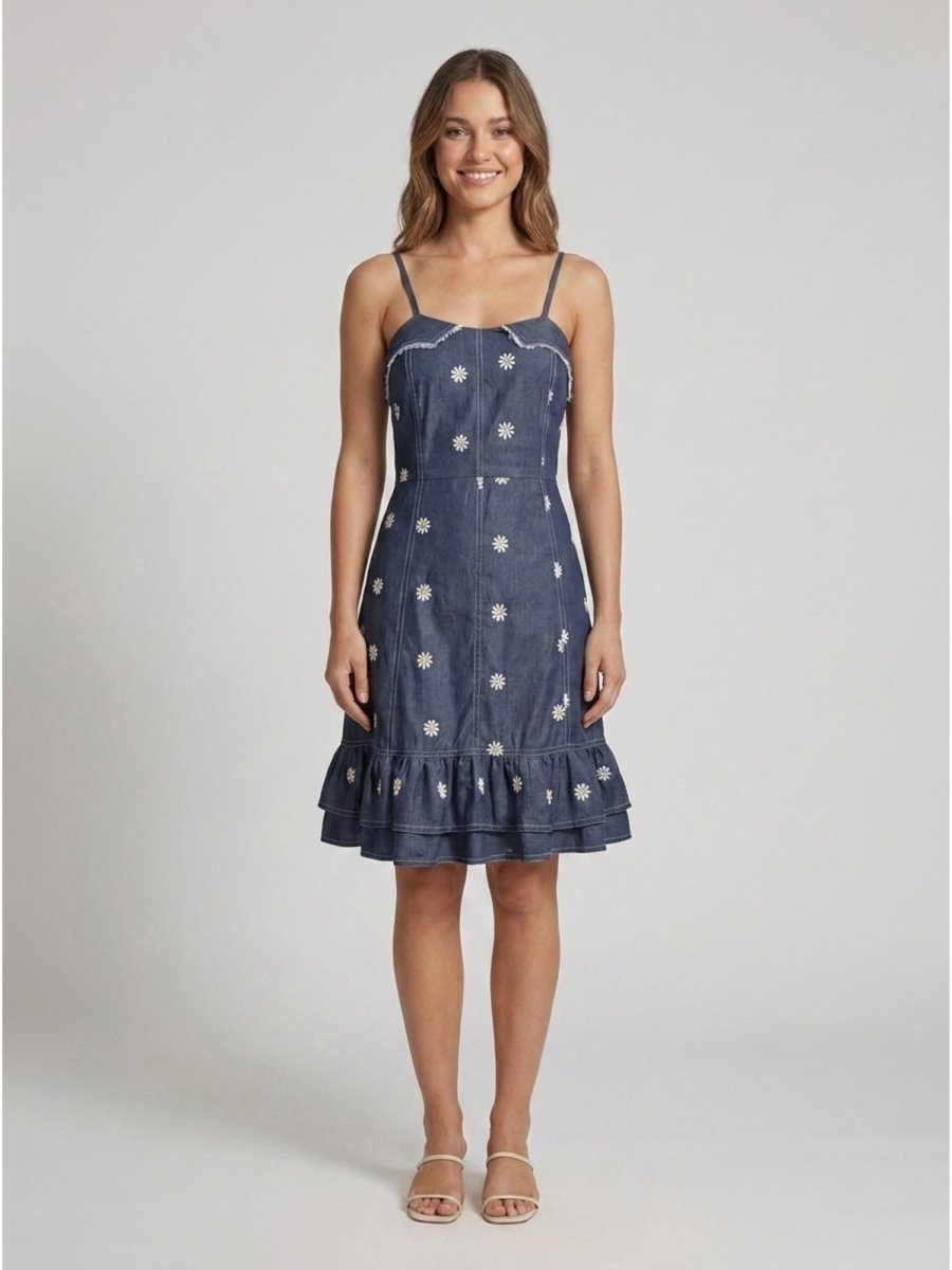 Dark Blue Floral Embroidered Satin Midi Dress - GAIIA